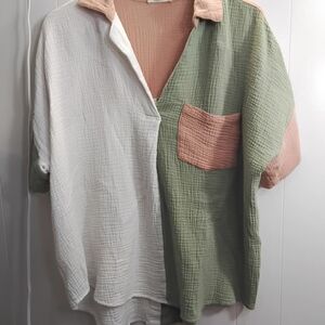 Entro Colorblock Blouse in White, Green, and Pink